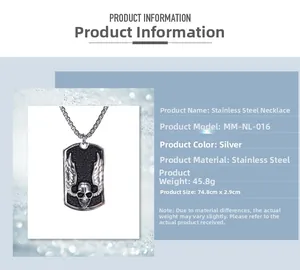 Detail view of steel skull wing pendant with dimensions 74.8cm by 2.9cm and 45.8g weight