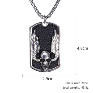 Gothic skull with devil wings pendant on a dog tag and chunky 70cm stainless steel chain