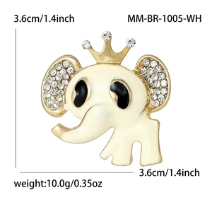 Broche éléphant blanche en émail avec couronne et strass, taille 3,6 cm par 3,6 cm