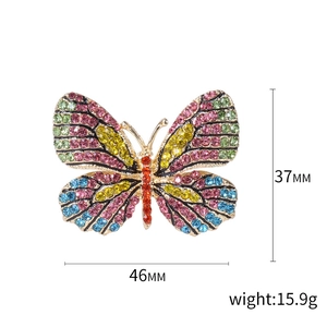 Farbenfrohe Schmetterling-Brosche aus Goldlegierung mit Strass und genauen Maßangaben