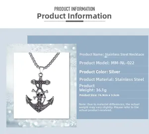 Detailed specs of stainless steel anchor and skull pirate necklace in silver finish