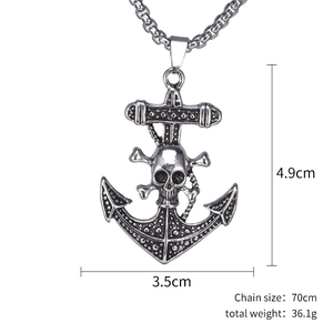 Punk stainless steel anchor and skull pendant necklace on a 70cm long box chain