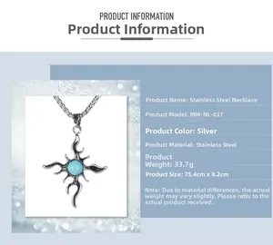 Detailed specs of stainless steel necklace with sun pendant and turquoise bead inlay