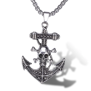 Vintage Stainless Steel Skull Anchor Pendant Necklace For Men Gothic Punk Pirate Style Jewelry Necklace Silver Color