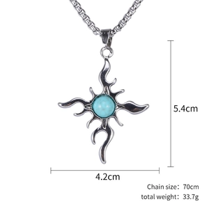 Retro titanium steel cross necklace with turquoise pendant, 5.4x4.2cm size