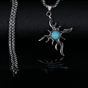 Vintage titanium steel cross necklace with silver flame pendant and blue turquoise stone