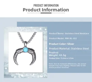 Macro detail of turquoise crescent pendant with stainless steel chain and dimensions