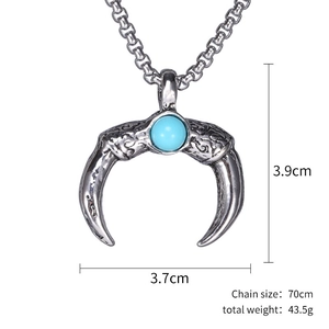 Vintage punk necklace with turquoise moon crescent pendant and 70cm long box chain