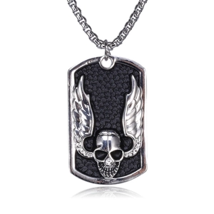 Punk Gothic Stainless Steel Skull Devil Wing Pendant Necklace For Men Women Vintage Ghost Head Dog Tag Box Chain Jewelry
