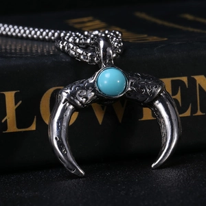 Vintage silver crescent moon horn pendant with turquoise stone on elegant box chain