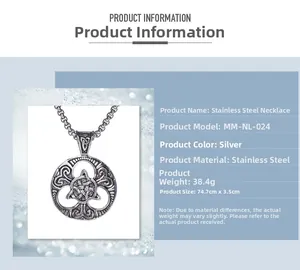 Macro detail of stainless steel Celtic Triquetra pendant with detailed size specifications