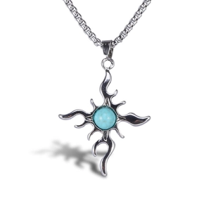 Vintage Stainless Steel Cross Pendant Necklace Men Hip Hop Alloy Jewelry With Artificial Turquoise Flame Sun Design Gift