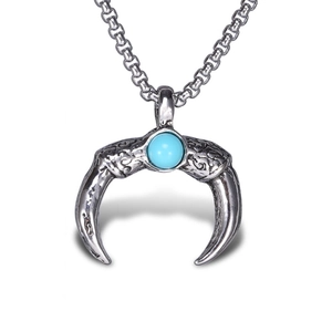Vintage Stainless Steel Box Chain Necklace Alloy Crescent Moon Horn Pendant With Artificial Turquoise Retro Punk Jewelry