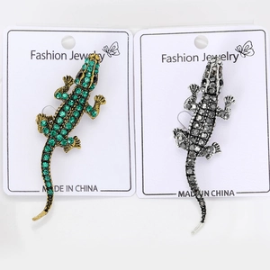 Detailed view of alloy gecko brooches featuring green and grey rhinestone pave settings
