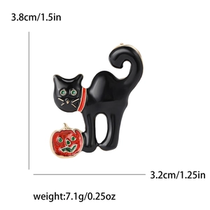Halloween black cat and pumpkin brooch in alloy enamel with size and weight metrics