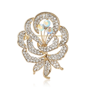Broche fleur exquise en alliage doré avec strass clairs et cristaux colorés brillants