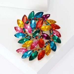 Sparkling floral brooch with marquise cut colorful rhinestones and spiral crystal center