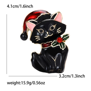 Detail view of cartoon enamel cat brooch with Christmas hat and size measurements