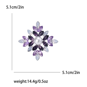 Elegant purple snowflake crystal brooch with round center pearl, size 5.1cm by 5.1cm