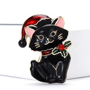 Cute Christmas black cat enamel brooch pin with red holiday hat and gold plating