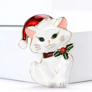 Cute enamel cat brooch with Christmas hat and holly leaf bowknot, inlaid with rhinestones
