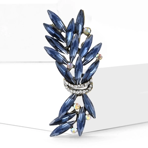 Luxurious vintage gold brooch with marquise cut blue crystals and white zircons