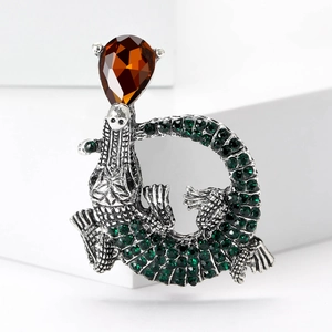 Spilla Vintage a Forma di Coccodrillo in Lega con Strass Verdi Animale con Cristallo Ambra Accessorio Moda Donna Regalo per Feste