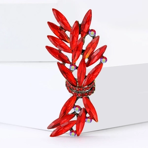 Luxury sparkling red crystal brooch with marquise-cut gems on vintage gold leaf base