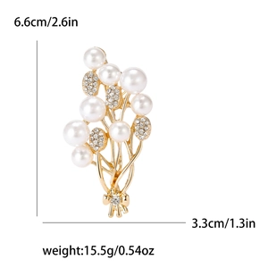 Elegant gold pearl flower brooch with rhinestones measuring 6.6cm by 3.3cm for women