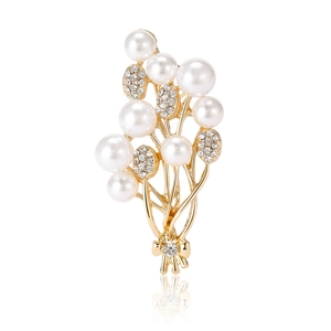 Elegant gold flower bouquet brooch with white pearls and sparkling rhinestones for women