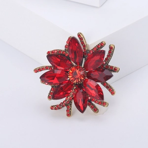 Elegant red crystal flower brooch in vintage bronze gold finish for formal outfits