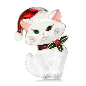 Christmas Cat Brooch Cute Enamel Kitten Pin With Santa Hat Holly Leaf Rhinestone Alloy Brooches For Women Party Jewelry Gift