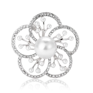 Elegant silver flower brooch with large pearl center and crystal rhinestone petals