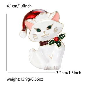 Cute Christmas cat enamel brooch with red hat and green holly berries on white background