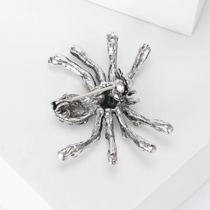 Spider shaped vintage silver alloy brooch back view with pin and security clasp detail