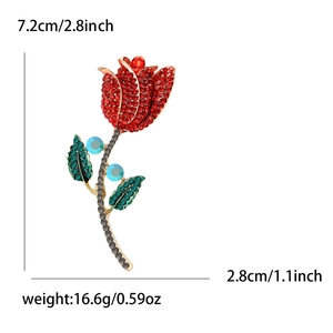 Élégante broche tulipe dorée avec strass rouges et feuilles vertes, 7,2 cm de long