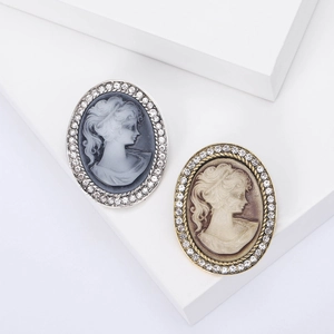 Vintage Alloy Cameo Brooch With Rhinestone Border Victorian Style Portrait Lady Head Oval Brooch Pins For Women Decorative Jewelry