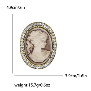 Vintage relief lady head brooch with alloy rhinestones in oval Victorian style