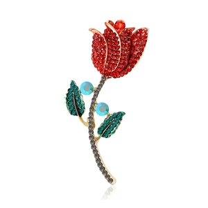 Élégante Broche Fleur de Tulipe en Alliage pour Femmes Strass Rouge et Vert Incrusté Plaqué Or Bijoux de Mode Décoration Épingle