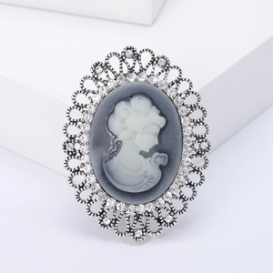 Vintage Victorian cameo brooch with lady portrait and sparkling rhinestone crystals