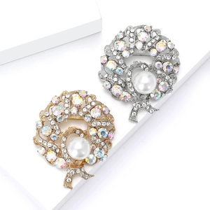 Elegant gold and silver alloy flower wreath brooches with colorful rhinestones and pearls
