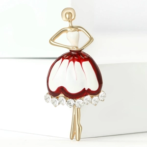 Exquisite gold-plated enamel ballerina brooch with red and white dress and rhinestones