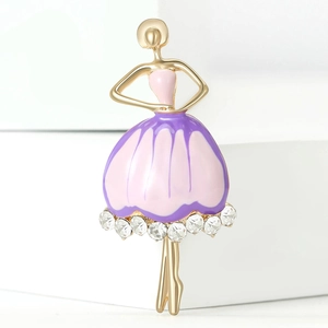 Exquisite ballet girl brooch in gold alloy with pink enamel and sparkling rhinestones