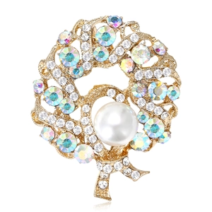 Vintage Alloy Rhinestone Wreath Brooch With Faux Artificial Pearl Elegant Gold Silver Plated Circular Bow Pin For Women Wedding Jewelry