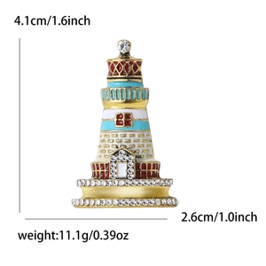 Detailed view of enamel lighthouse brooch with dimensions 4.1x2.6cm and weight 11.1g