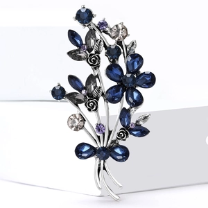 Elegant silver alloy flower bouquet brooch with blue and black rhinestones for women