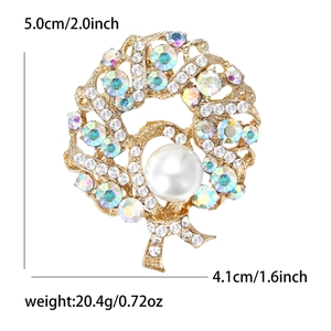 Elegant gold-tone circular pearl brooch with AB rhinestones, size 5.0cm by 4.1cm