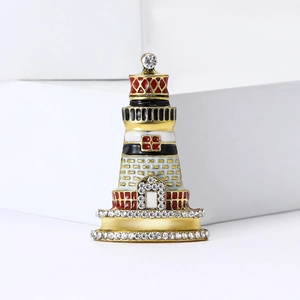 Elegant gold alloy lighthouse brooch with colorful enamel and sparkling rhinestones