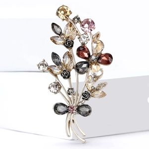 Elegant crystal flower bouquet brooch with multicolored stones and black rose detail