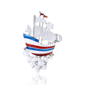 Vintage Alloy Sailing Boat Brooch For Women Fashion Enamel Artificial Pearl Rhinestone Nautical Breastpin Accessories Gift